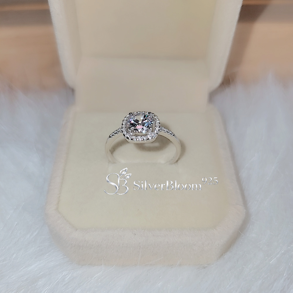 Round Cut 5A CZ Cushion Halo Ring - 925 Sterling Silver Size 8